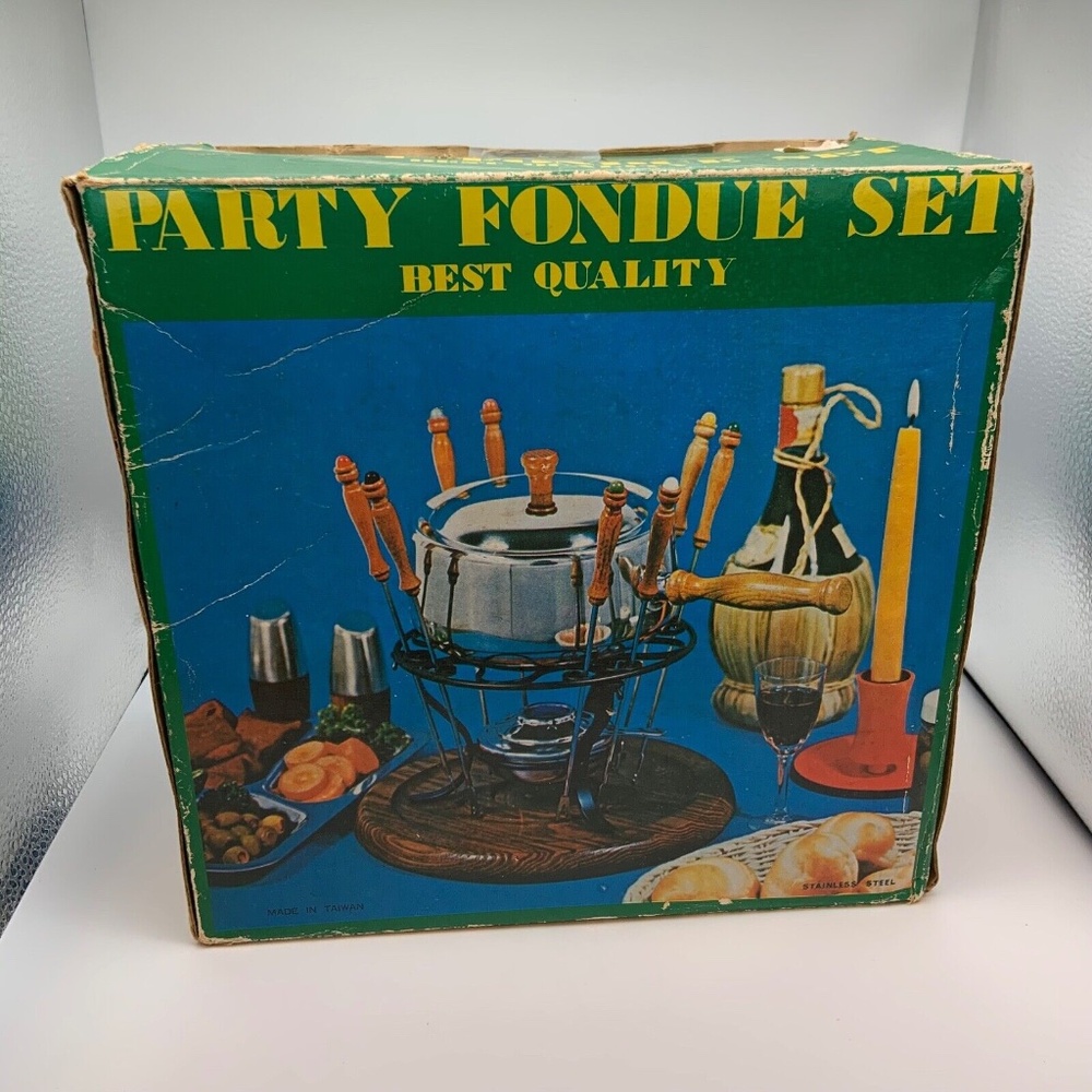 Vintage Stainless Steel & Wooden Heat Adjustable 8 pcs Party Fondue Set